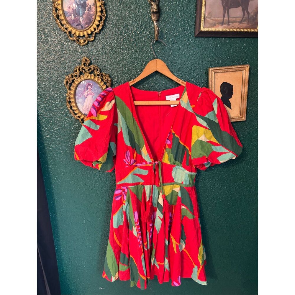 House Of Harlow 1960 Red Floral 8 Linen Blend Puff Sleeve Fit &Flare Mini